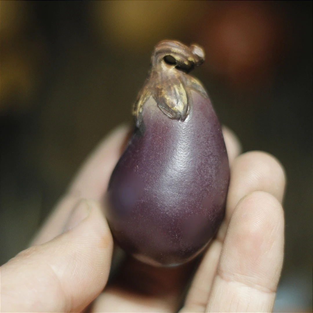 原矿紫砂茶宠茄子紫气东来手工精品可养手把件茶玩茶具茶桌摆件