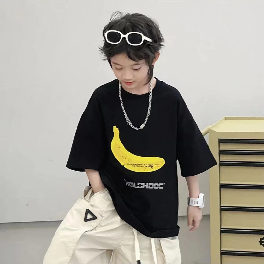 男童纯棉短袖T恤2024夏季新款宽松中大童圆领印花洋气半袖上衣