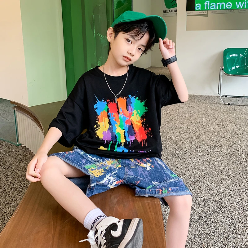 【100%纯棉】男童短袖T恤2024新款中大童夏男孩时髦纯棉儿童上衣T