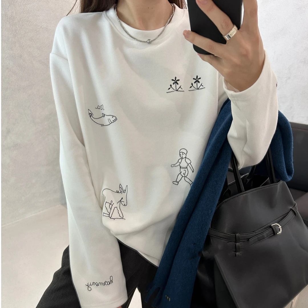 FUJIA STYLE新款气质休闲圆领长袖线条小人卡通T恤T7156