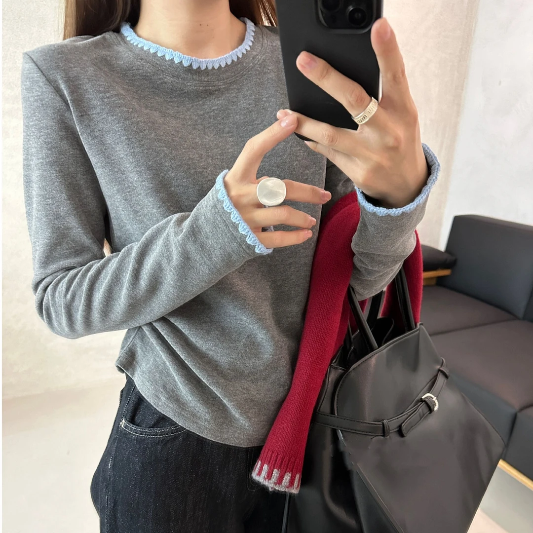 FUJIA STYLE新款气质休闲韩版简约撞色边长袖T恤J9525