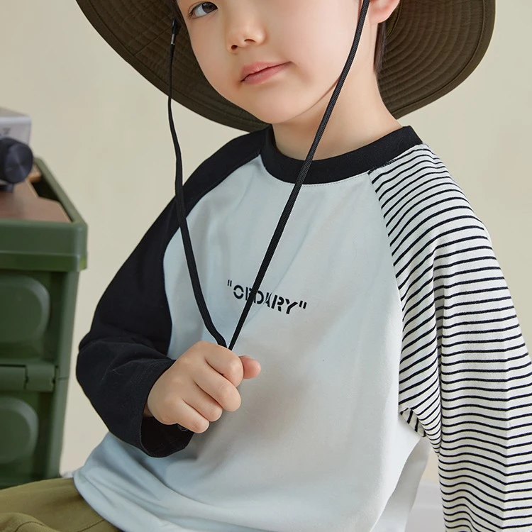 多多家5999男童休闲透气时尚插肩袖撞条拼接长T春秋儿童