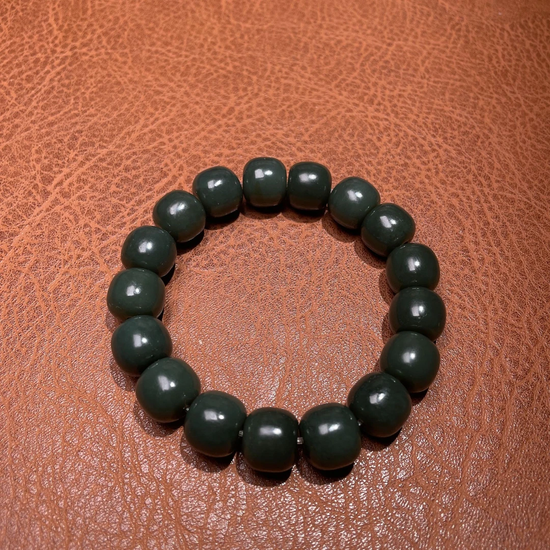 和田玉 青海青 老型单珠手串 时尚 绿色 素圈 民族风 单圈玉手串