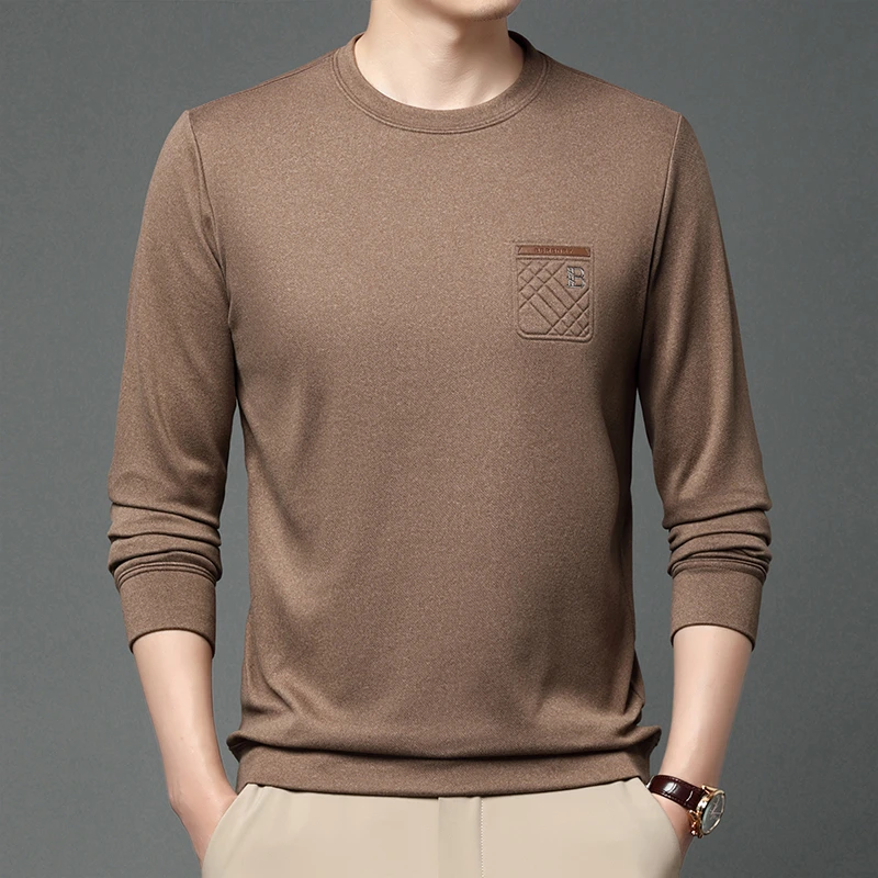 双面德绒2023新款圆领长袖T恤男秋冬季打底衫内搭多男士保暖上衣