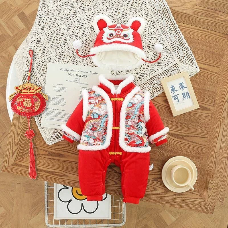 巴拉甄选男女宝宝周岁喜庆拜年服婴儿冬季连体衣中国风过年加绒爬