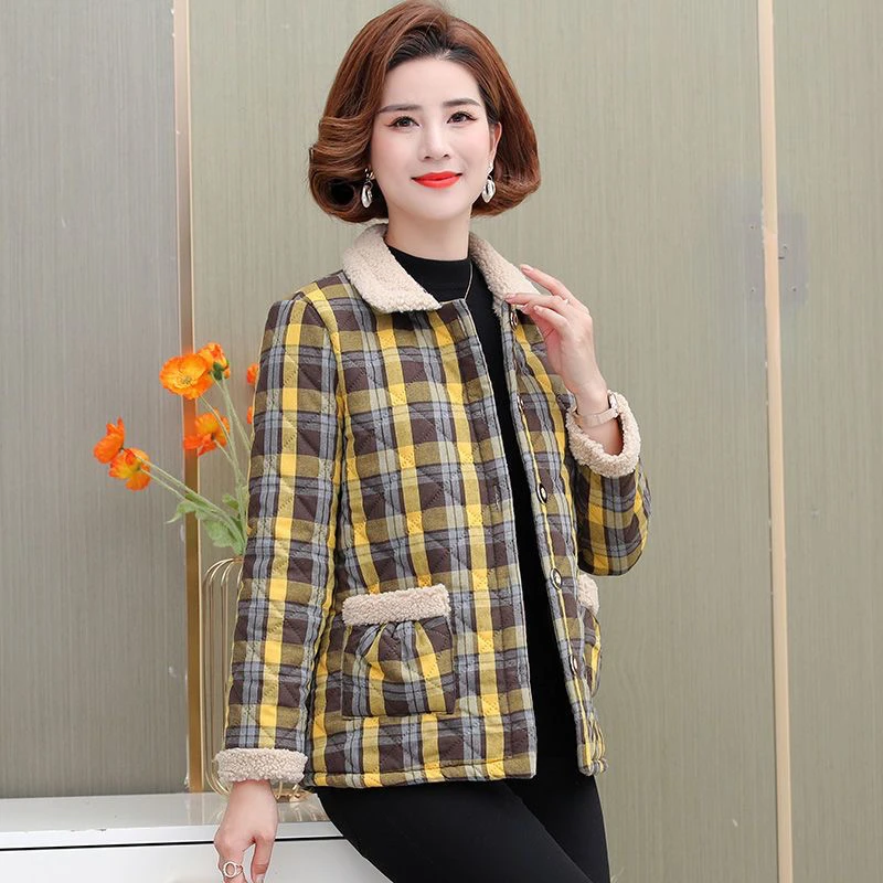 长袖11-11号棉服女装妈妈装加绒加厚棉服时尚秋冬冬季格子女士