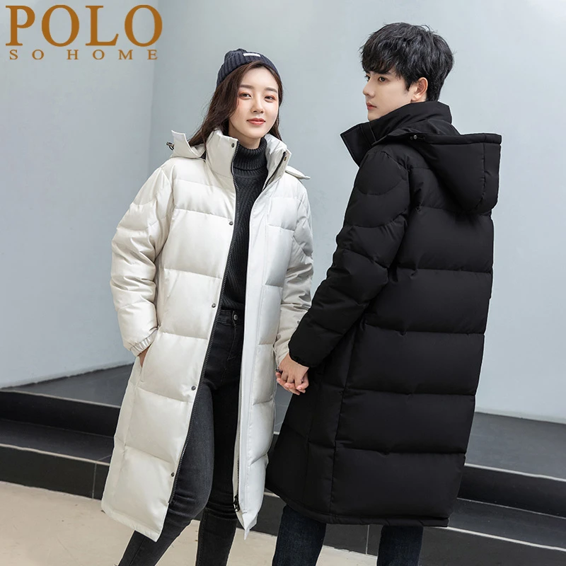 保罗反季羽绒服过膝加厚纯色2024新款潮流情侣大码休闲白鸭绒外套