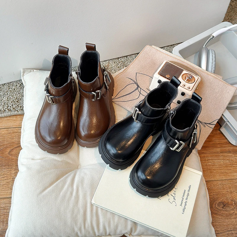 女童靴子2024秋季款小女孩单靴时尚防滑马丁靴中大童复古皮靴838