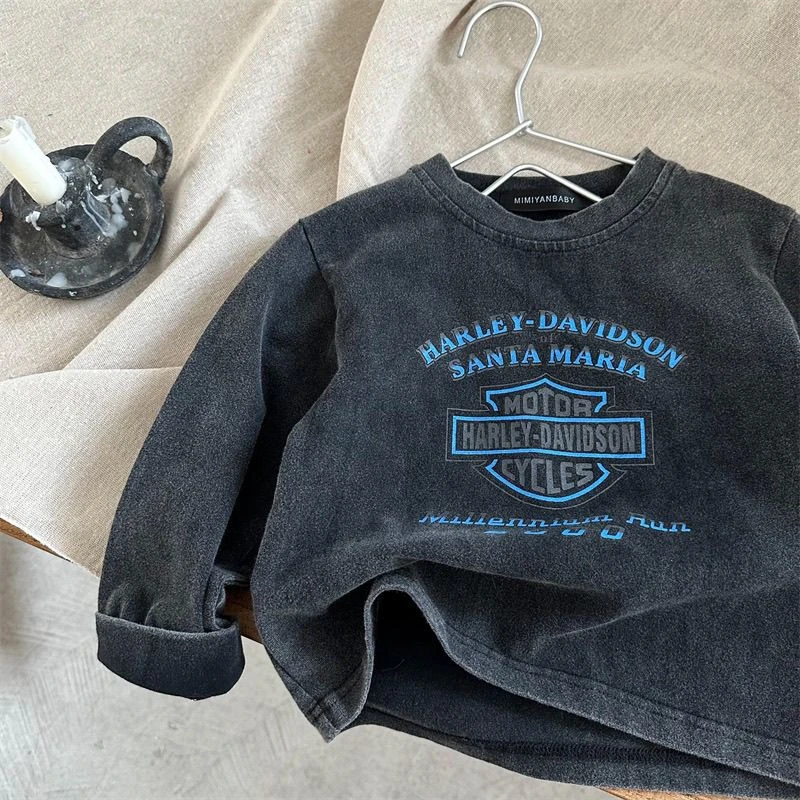 春秋薄款男女童复古印花打底衫新款长袖T恤宝宝做旧水洗纯棉潮T