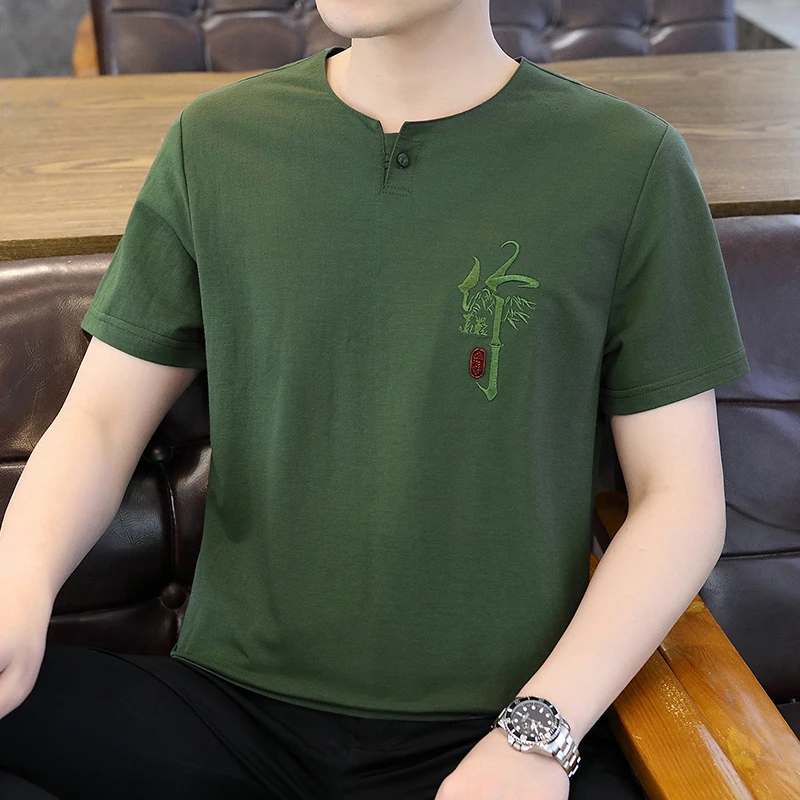 男士唐装短袖中国棉麻夏季盘扣体恤中式刺绣上衣百搭半袖宽松修身