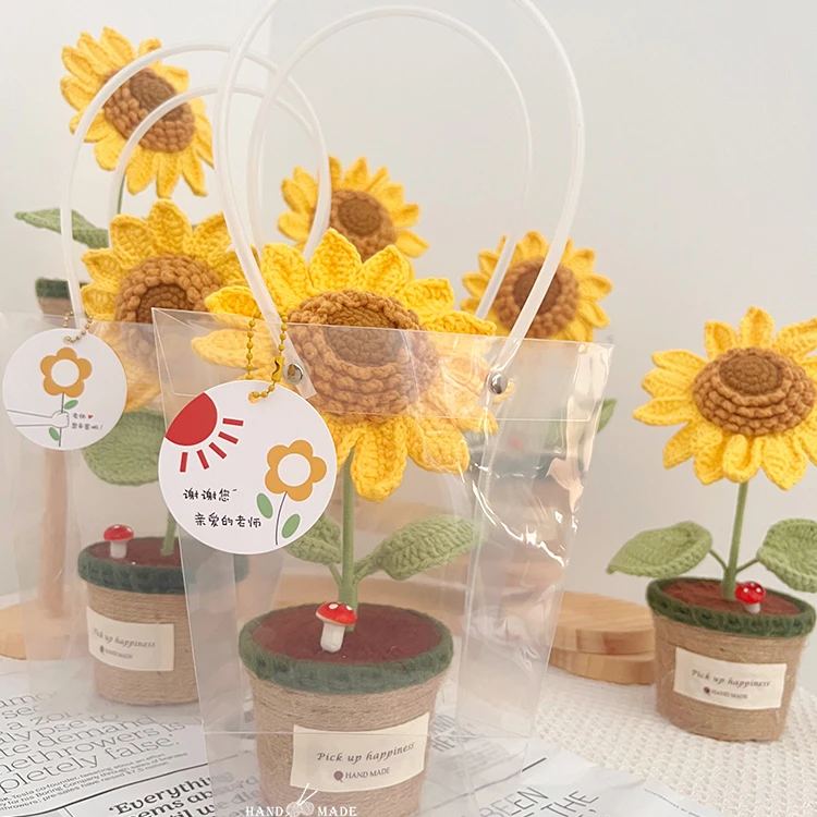 向日葵盆栽手工仿真花太阳花毛线钩织成品花教师节礼物送老师花束