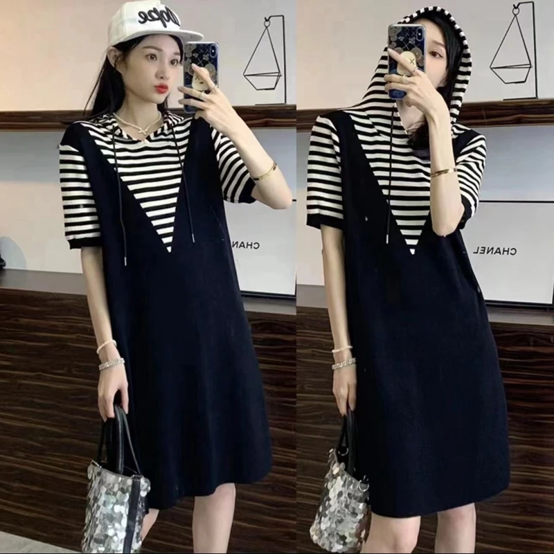 条纹帽孕妇夏装连衣裙2024新款时尚连帽条纹冰感裙中款孕妇连衣裙
