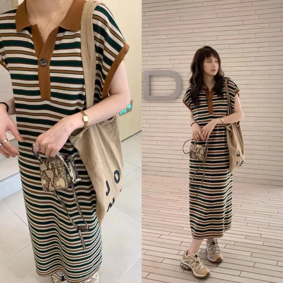 高级条纹配色针织网红孕妇装夏季哺乳衣连衣裙韩版宽松PO领喂奶裙