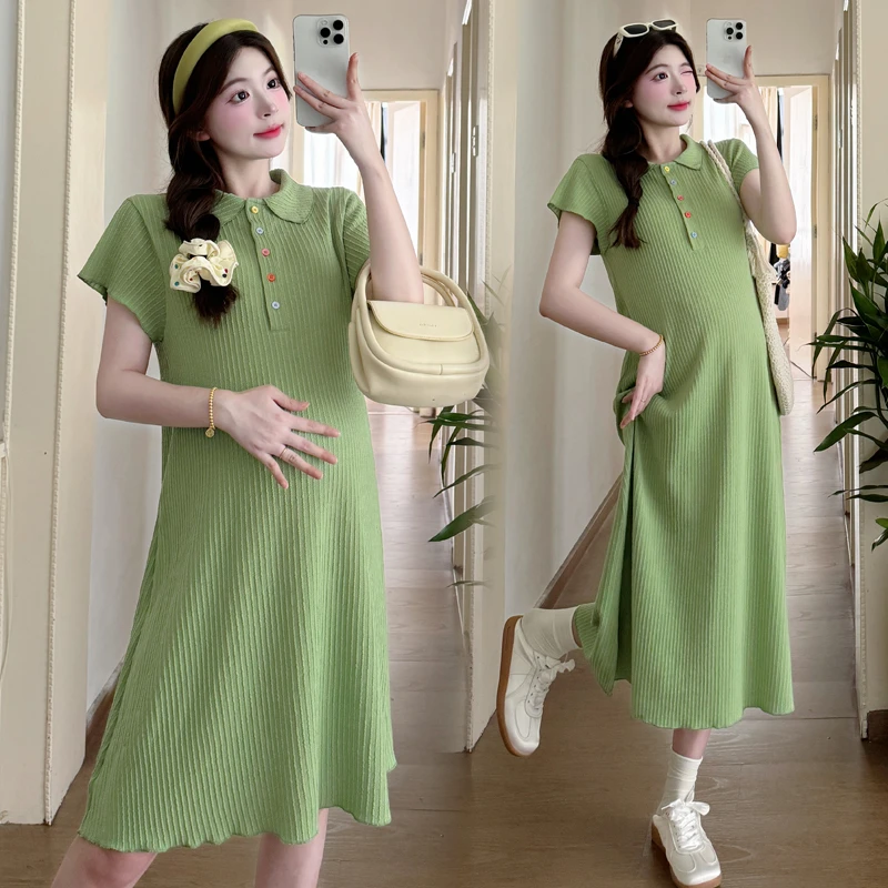 彩虹纽扣夏季新款孕妇装时尚设计感翻领甜美显瘦减龄孕妇连衣裙子