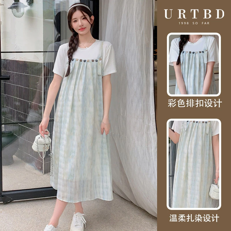 彩扣扎染夏季时尚假两件设计温柔甜美减龄气质宽松显瘦孕妇连衣裙