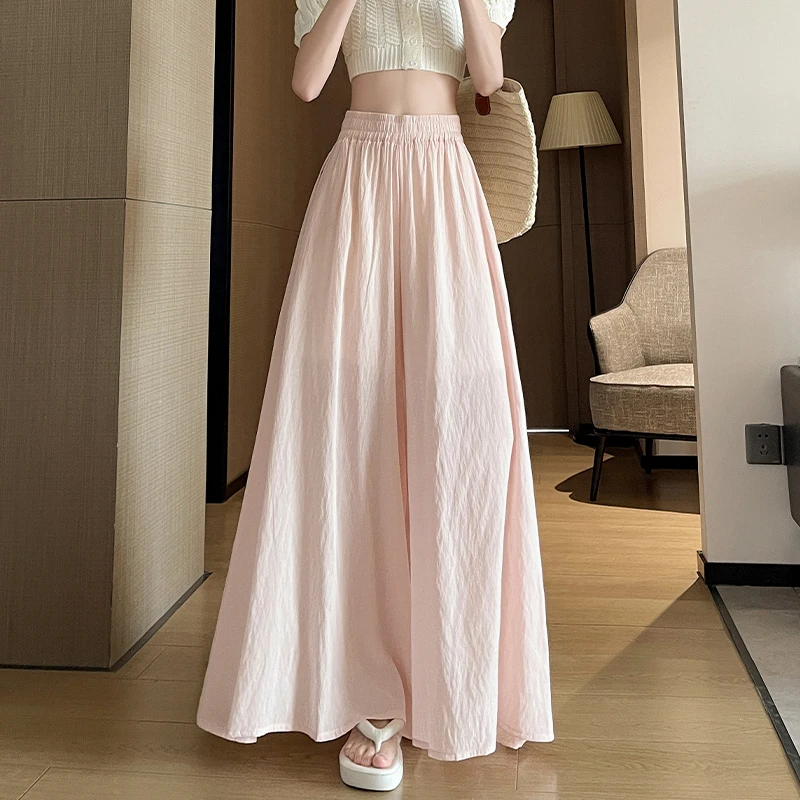 粉色棉麻冰丝阔腿裤裙女夏季薄款高腰垂感显瘦拖地休闲裤山本裙裤