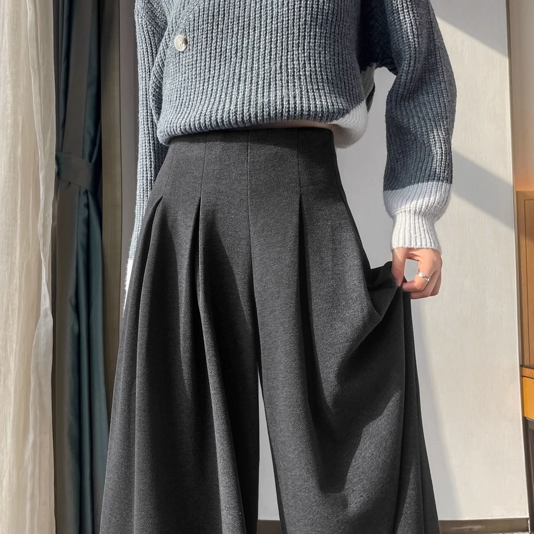 灰色加厚毛呢阔腿裤女秋冬季新款高腰垂感西装裤休闲宽松拖地裤裙