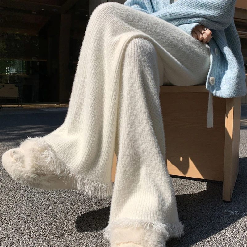 毛边流苏针织微喇叭裤女秋冬水貂加绒软糯米裤垂感拖地休闲阔腿裤
