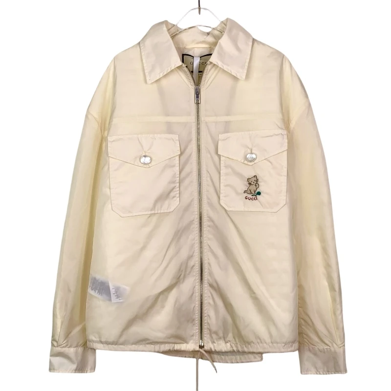 99新 010012 Gucci 古驰 logo刺绣翻领浅黄色薄款棉服夹克 M码