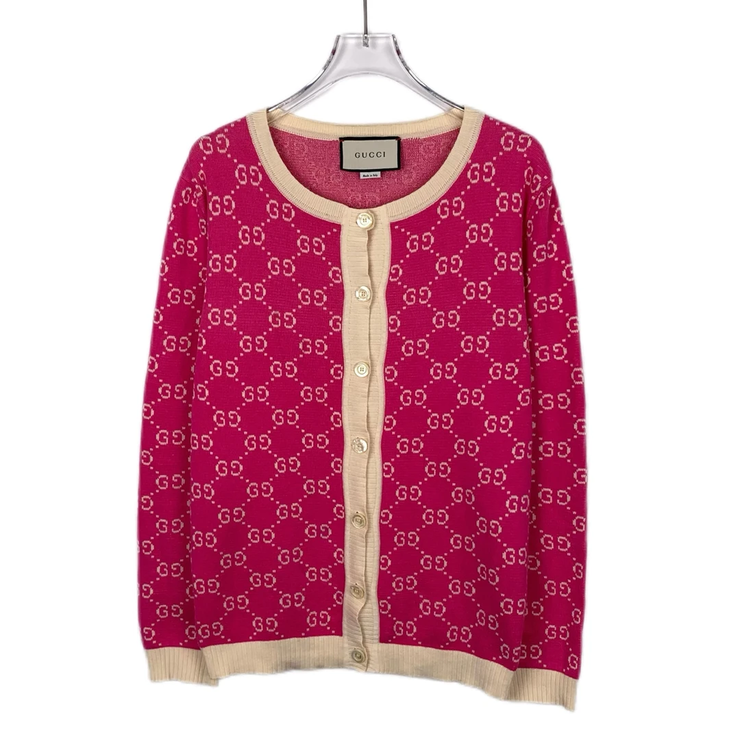99新 019149 Gucci 古驰 双G满印粉色棉质针织开衫外套 L码