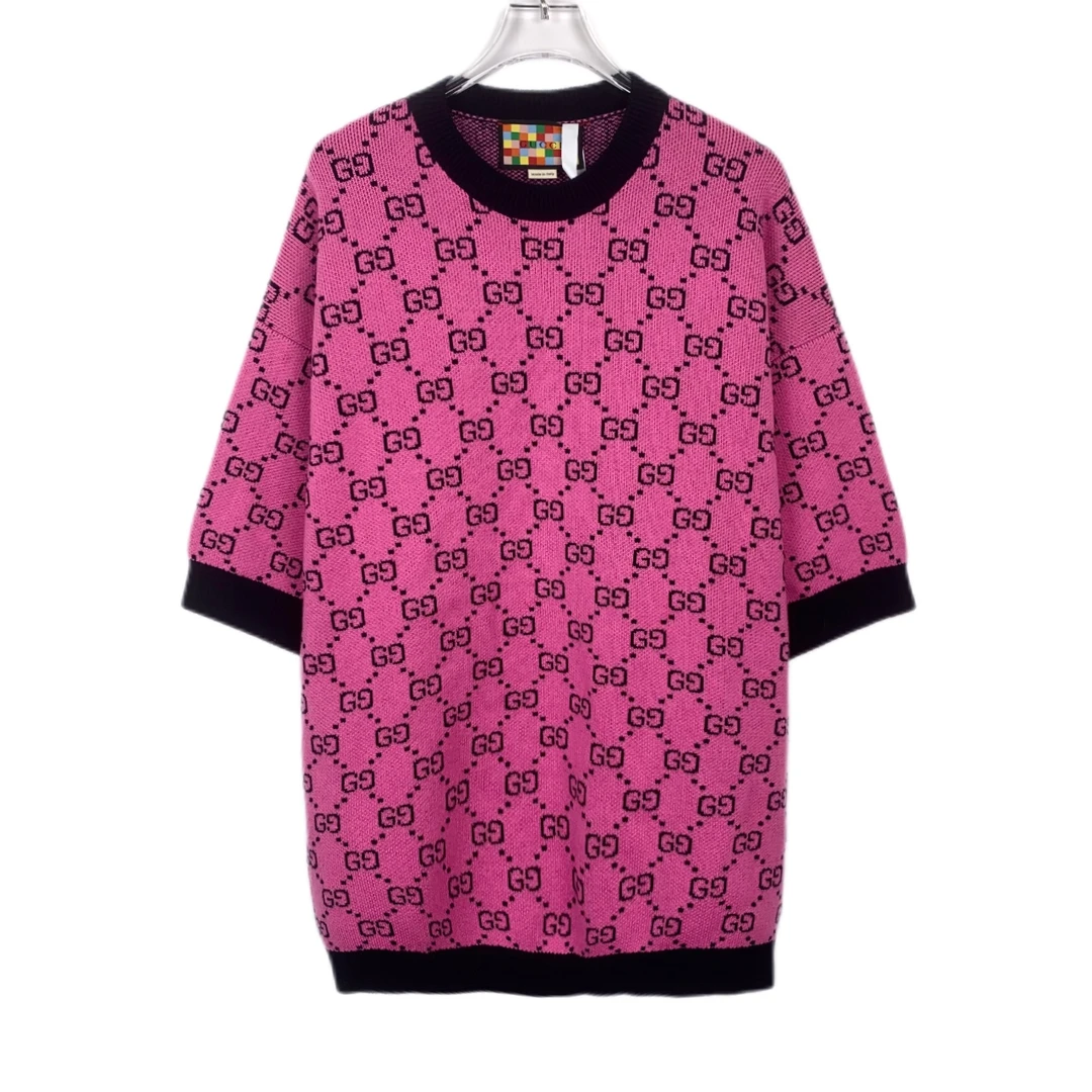 99新 XH 008913 Gucci 古驰 双G满印圆领紫色针织短袖 S码