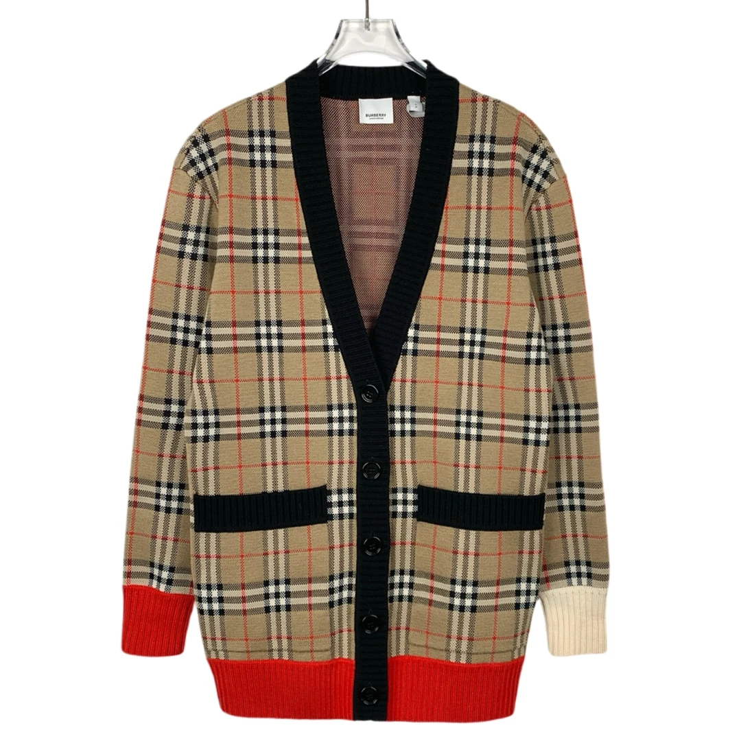 99新 014532 Burberry bbr 博柏利 棕色格纹羊毛混纺开衫外套 S码