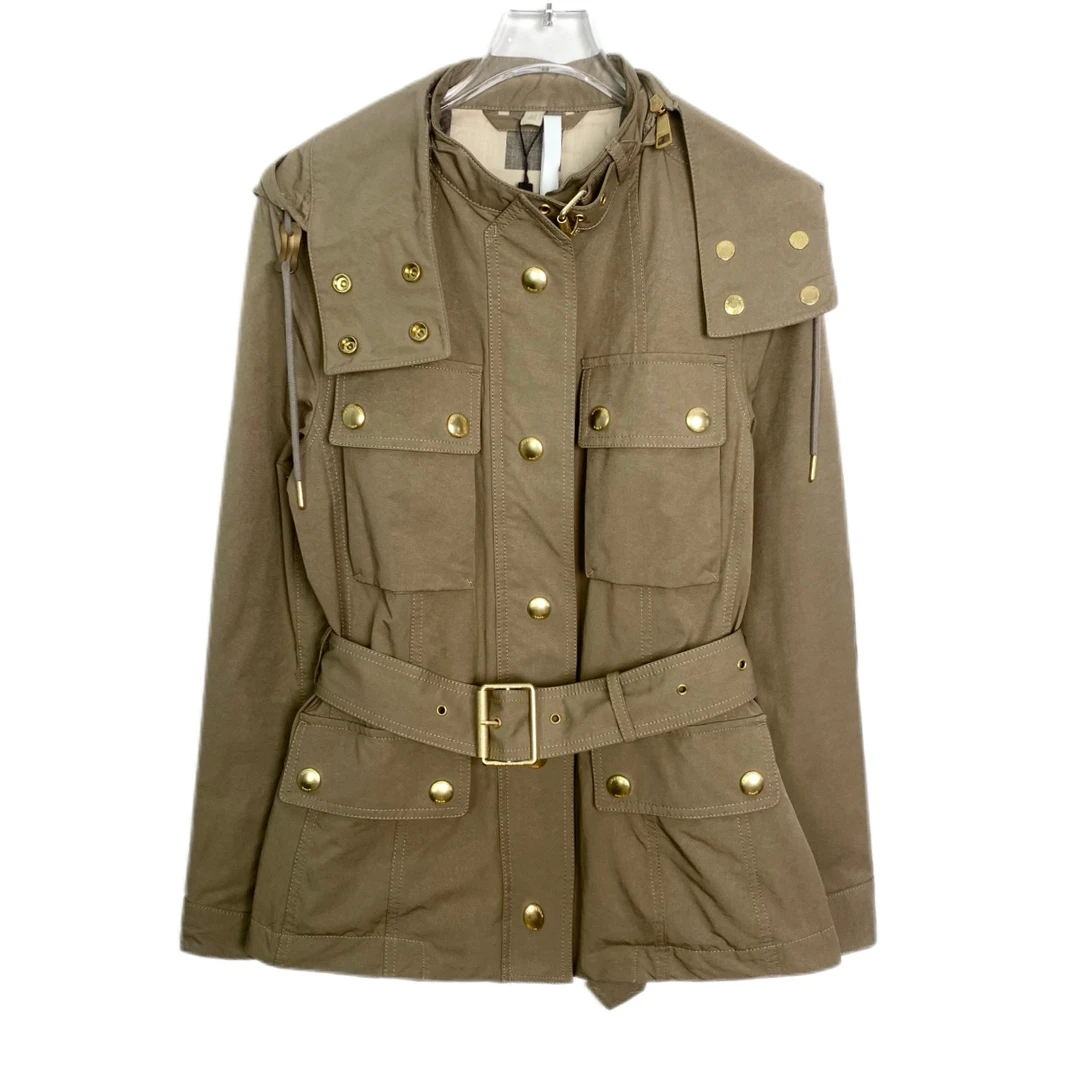 全新 008723 Burberry博柏利 连帽金扣腰带款拉链风衣外套 浅棕38