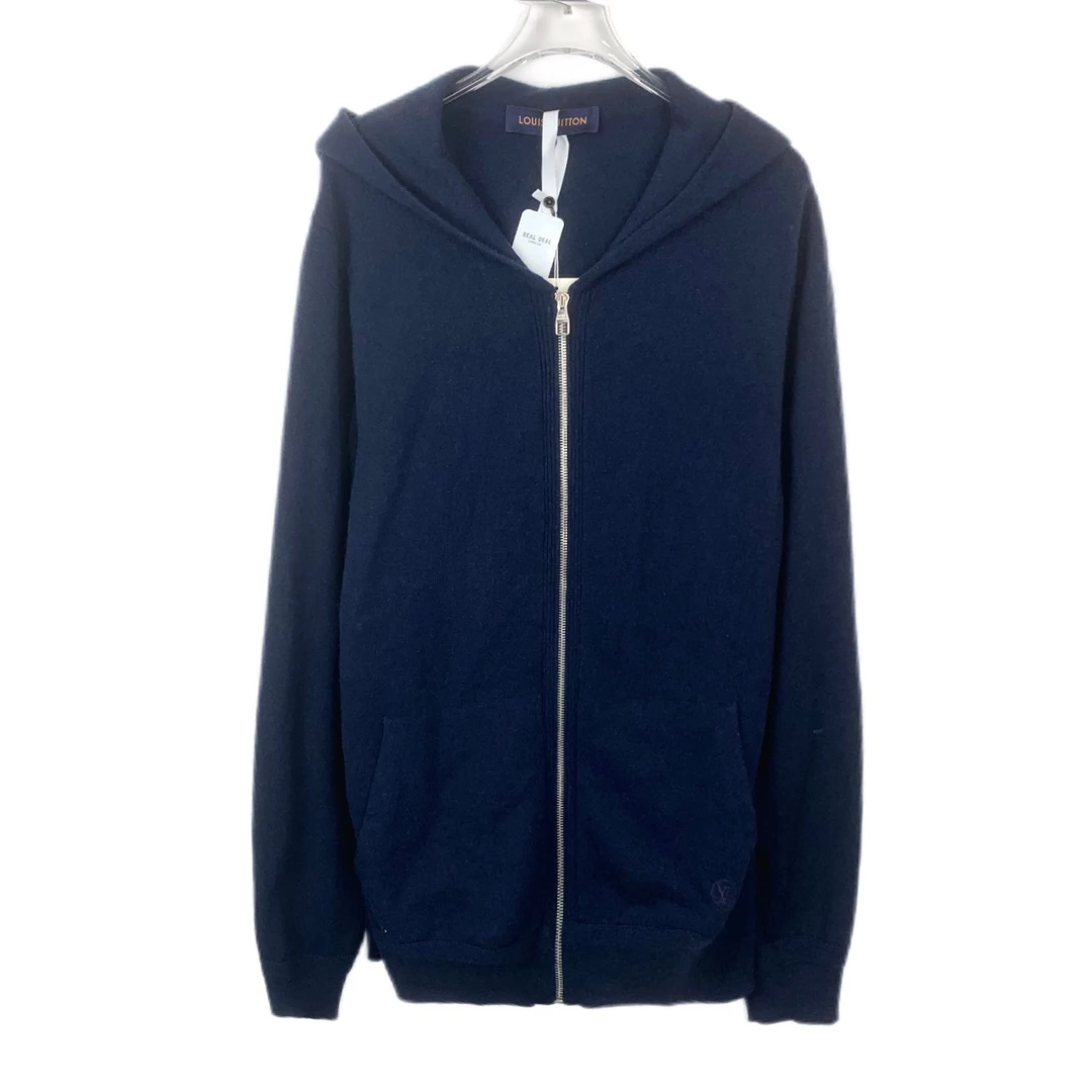全新 010572 LV 路易威登 羊绒刺绣蓝色连帽拉链针织开衫外套 M码