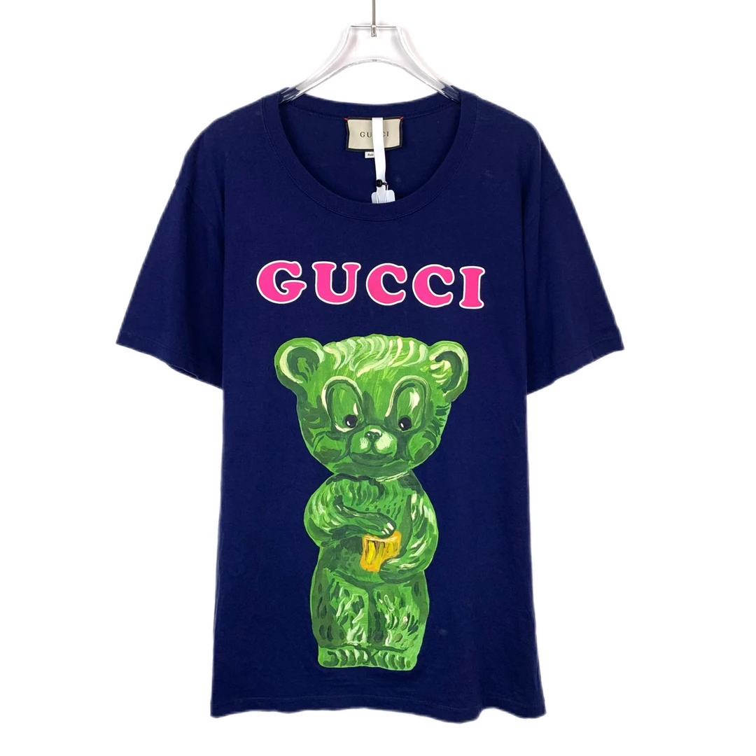 011437 Gucci 古驰 logo字母小熊图案印花深蓝色圆领棉质短袖 S码