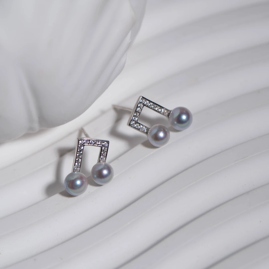 【年末福利价】海水珍珠/真多麻音符款耳钉 5-6mm S925银