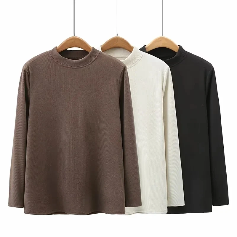 110-210斤大码女装 秋冬宽松遮肚腩长袖T恤 慕斯绒双面坑条打底衫