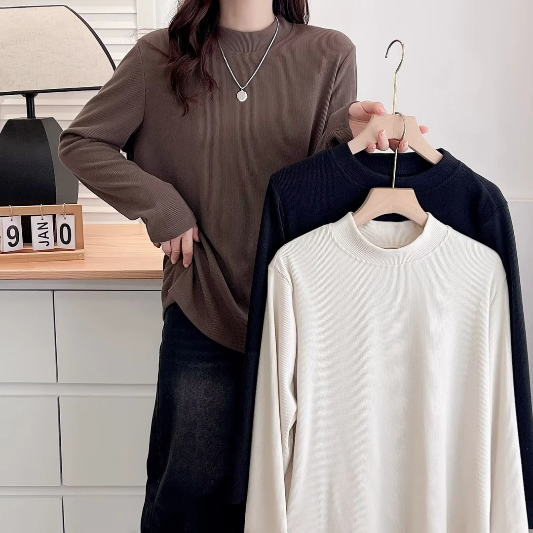 110-210斤大码女装 胖mm宽松遮肚腩百搭T恤 慕斯绒双面坑条打底衫