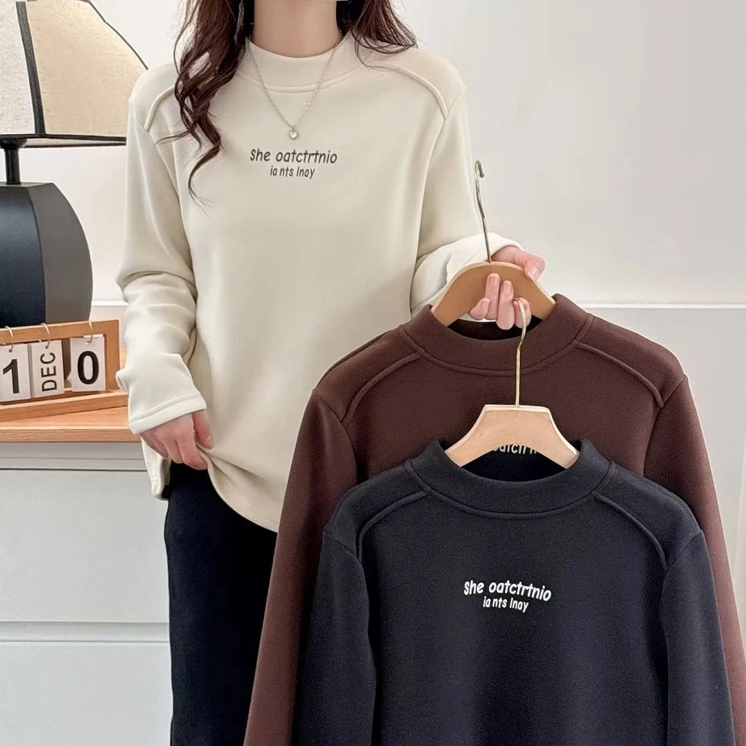 110-200斤大码女装微胖mm宽松遮肚腩T恤秋冬款印花加绒保暖打底衫