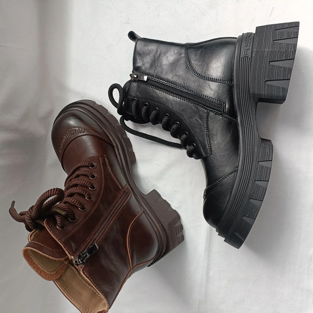 陇上红牛女鞋马丁靴平跟复古系带秋冬靴子高帮胶粘棕色侧拉链6093