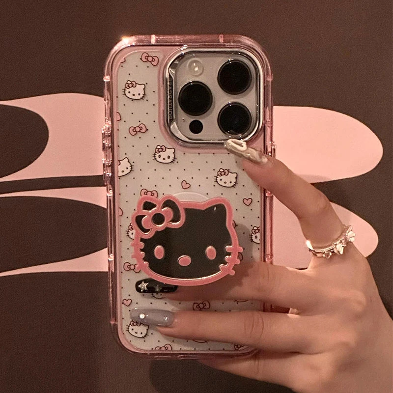可爱kt猫镜子支架适用iPhone14promax苹果15手机壳12防摔13保护套