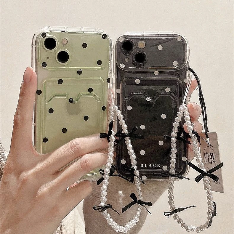 薄荷绿波点腕带iPhone15手机壳苹果14/13promax卡包卡套12/11透明