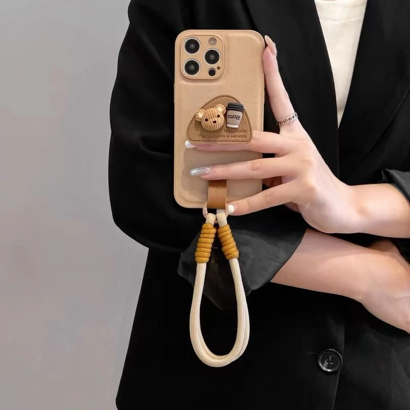 皮纹小熊支架适用苹果14promax手机壳iPhone15/12/13手绳11高级感