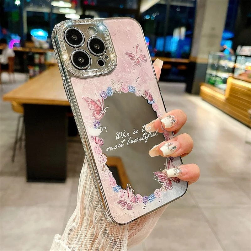 唯美高颜值苹果15手机壳新款水钻镜面iPhone14promax镜头全包式13