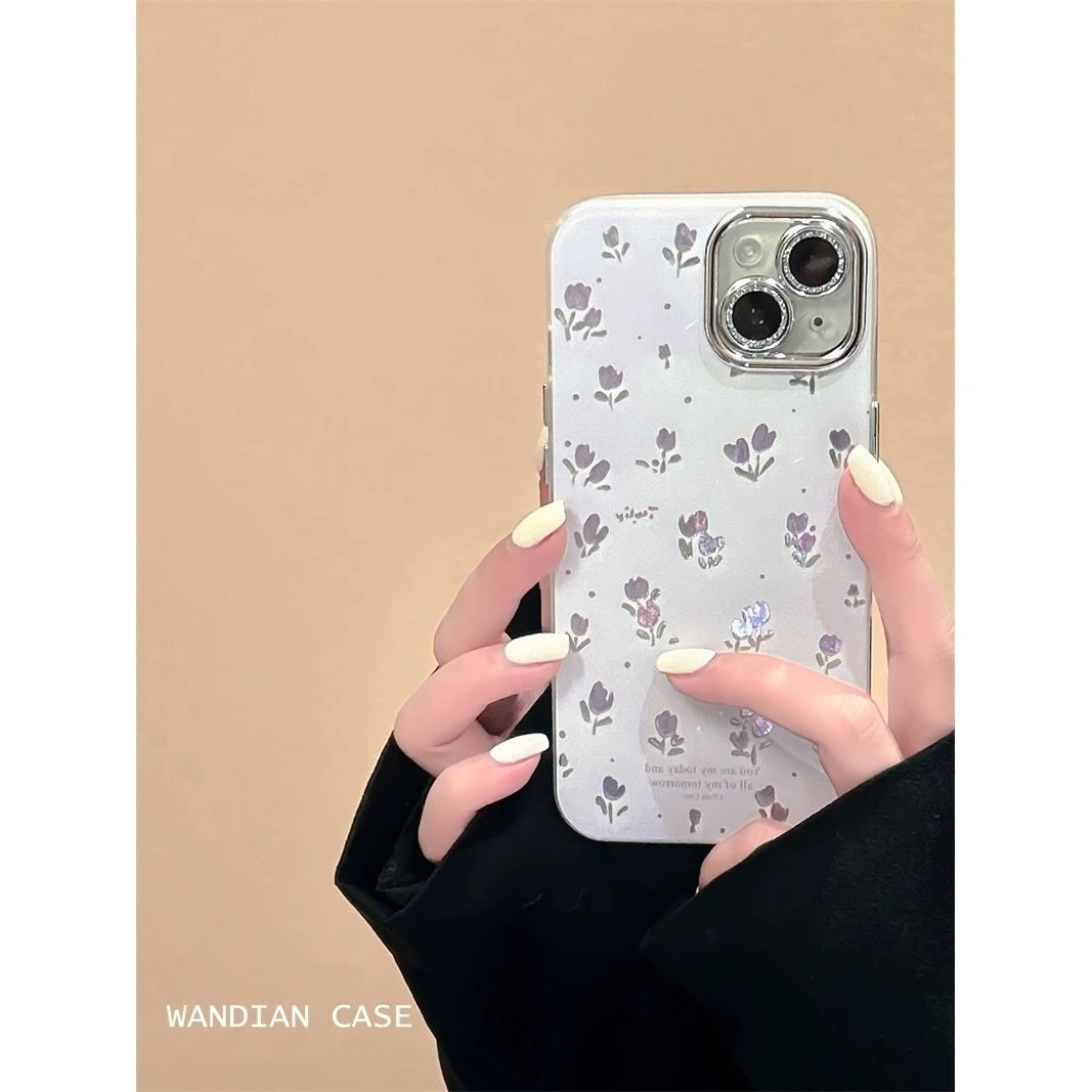 ins郁金香碎花苹果15promax手机壳14带镜头膜iPhone13高级感12新