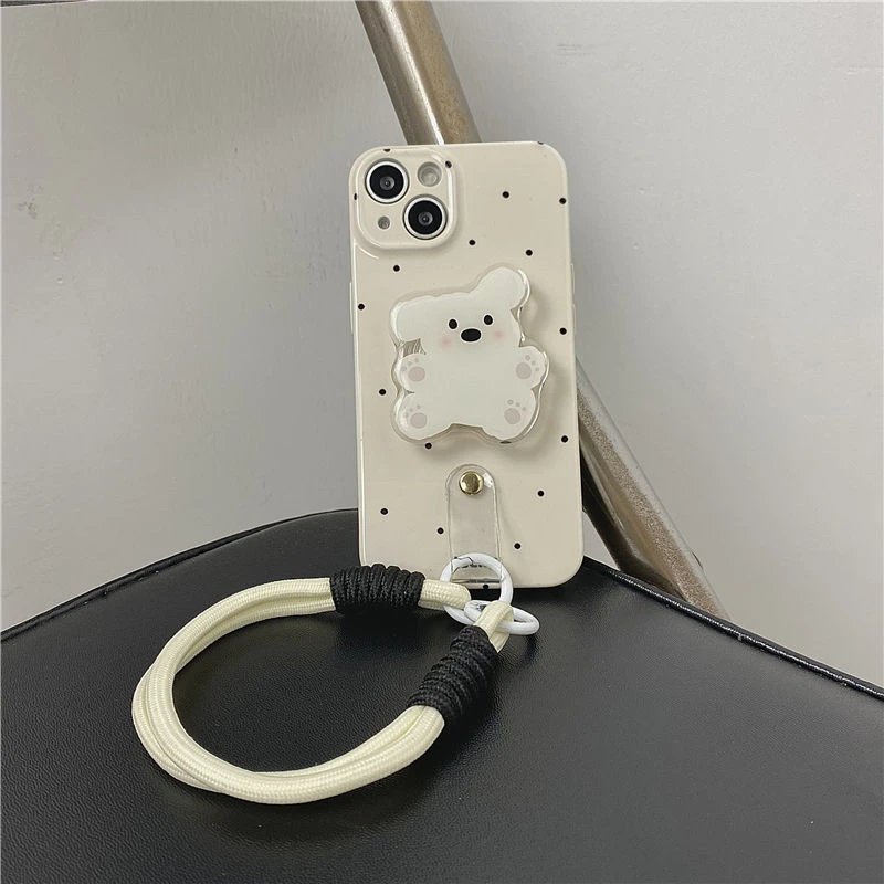 奶黄波点小狗支架适用苹果14promax手机壳iPhone15/12/13手绳11女
