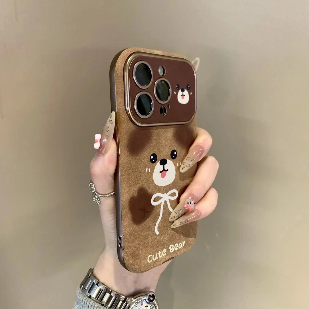 秋冬麂皮棕色小熊适用iphone16pro手机壳苹果15promax新款14/13女