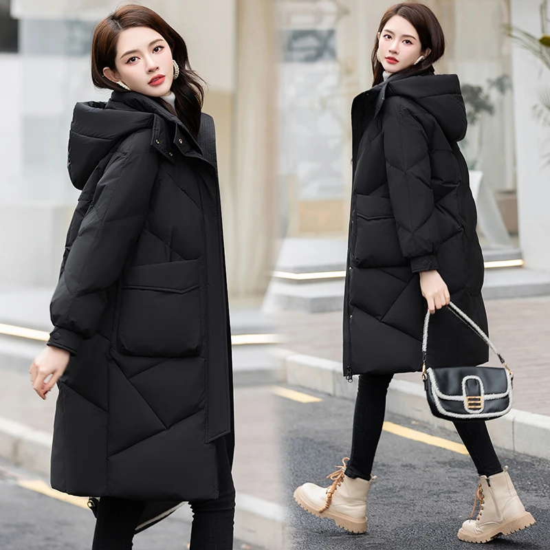 2024新款爆款90白鸭绒羽绒服女长款脱帽冬季时尚加厚防寒女式外套