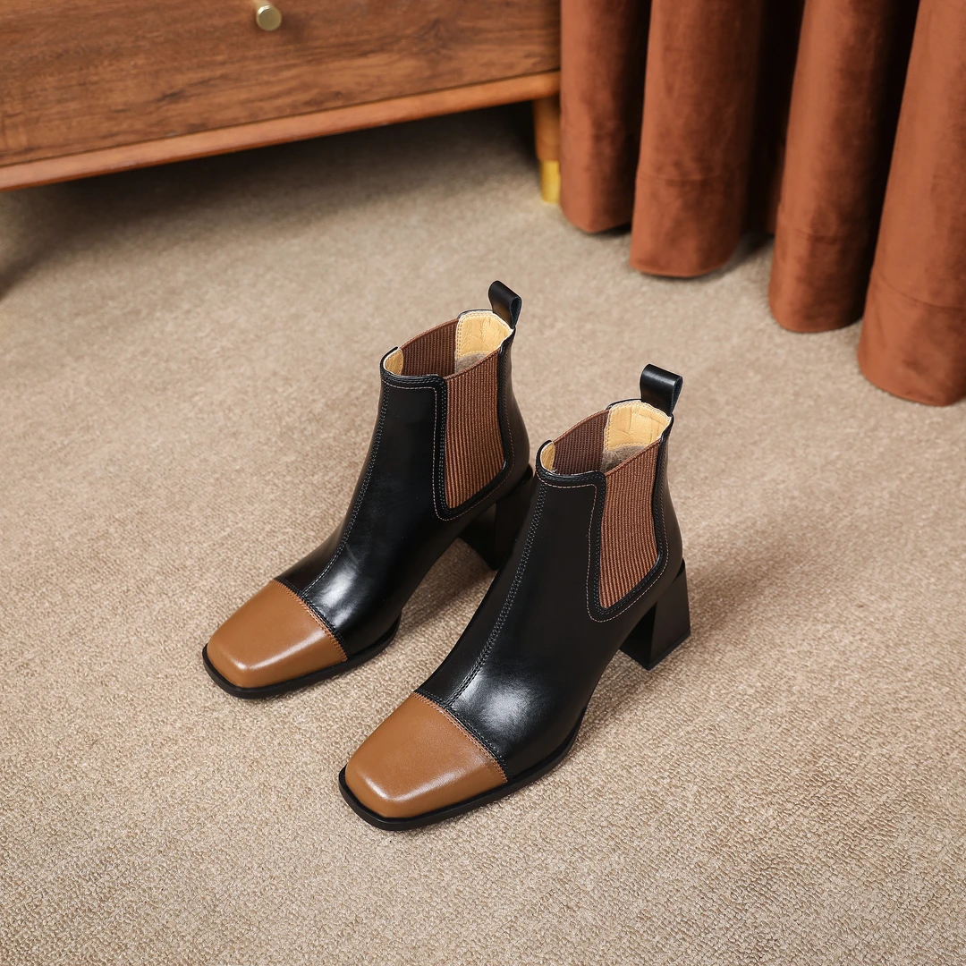 KFY【5cm】2023秋冬新款复古方圆头拼色粗跟短靴后拉链厚X042