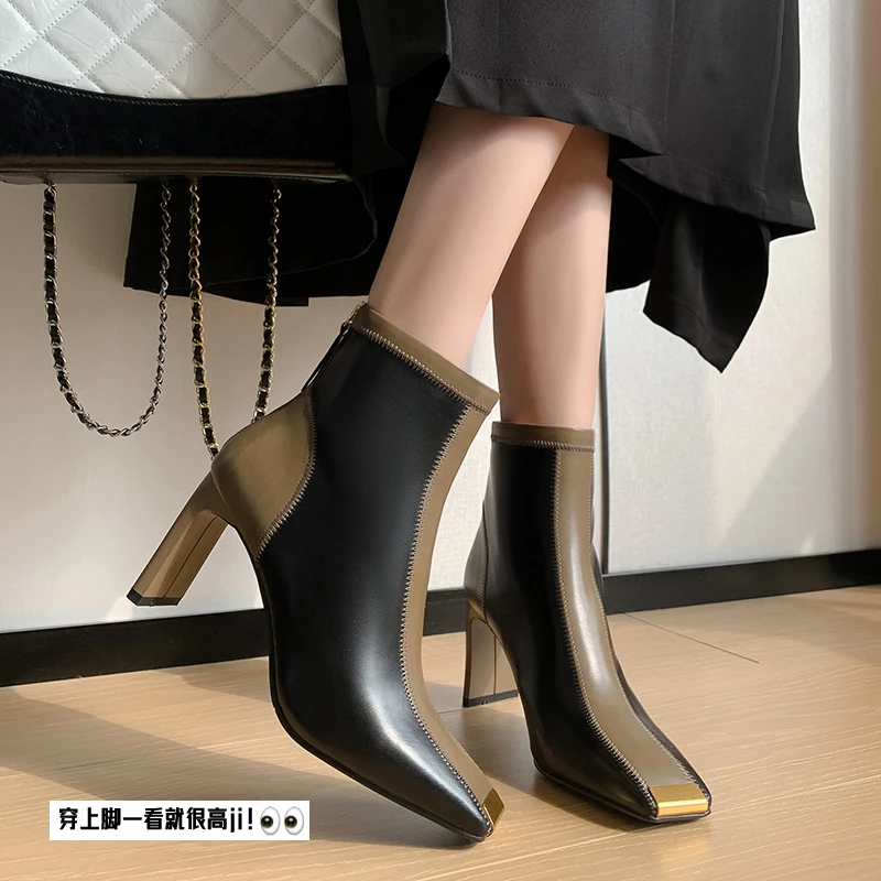 KFY【6cm】法式秋冬新款复古方头女拼色粗跟短靴女后拉链显瘦X001