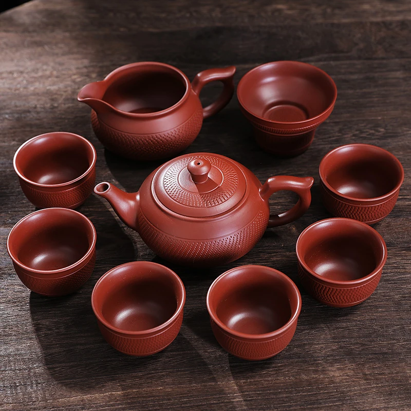 林永南紫砂壶功夫茶具朱泥大红袍纯手工整套茶具套组一壶配六杯壶