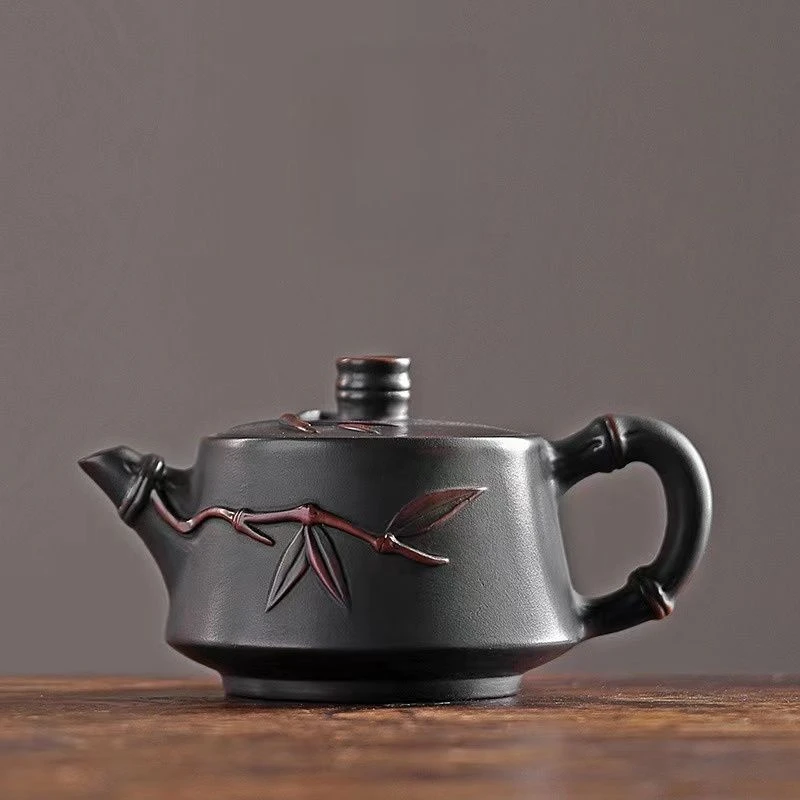 云南紫陶竹段壶半手工浮雕竹节非紫砂茶壶建水功夫茶具泡茶器小号