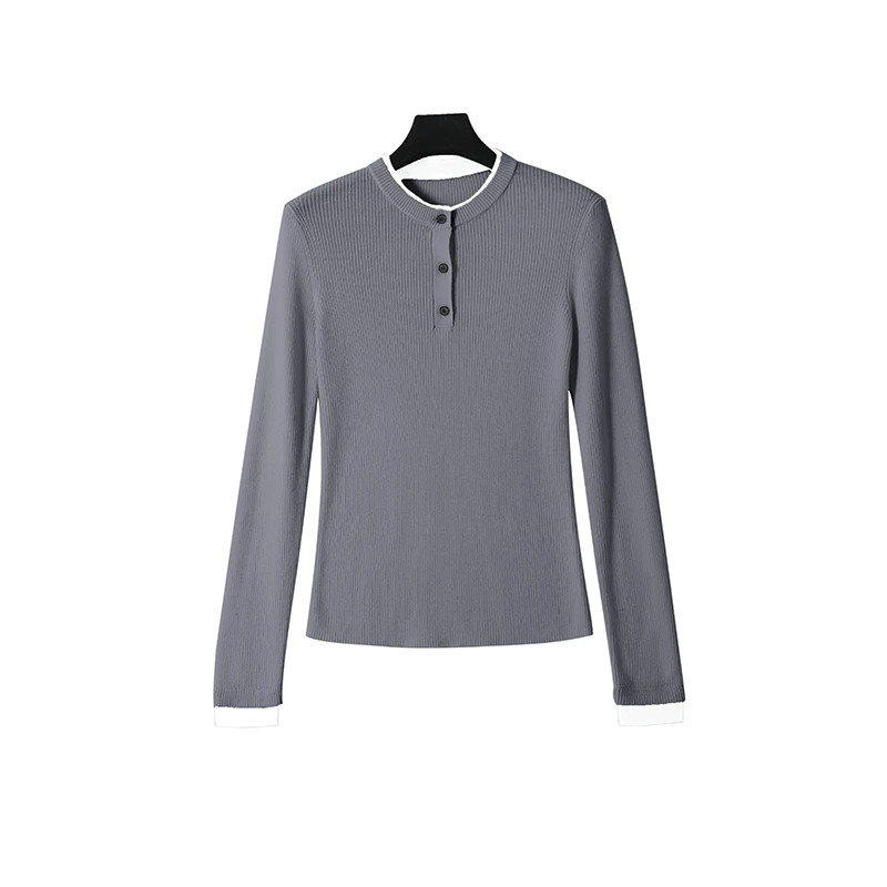 格雷系穿搭 圆领套头修身针织衫打底衫上衣16923