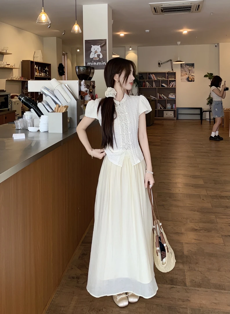 春夏新中式国风套装裙子针织短袖+半身裙套装梨形身材遮胯连衣裙