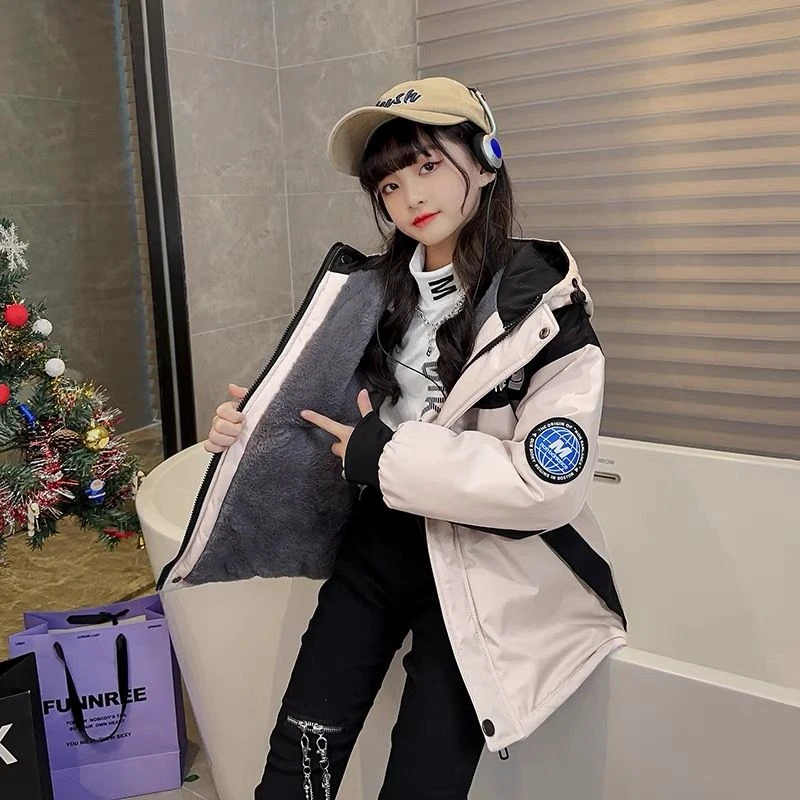 女童派克服冬季时尚加绒加厚中大童外套秋冬款儿童冬装男童风衣款