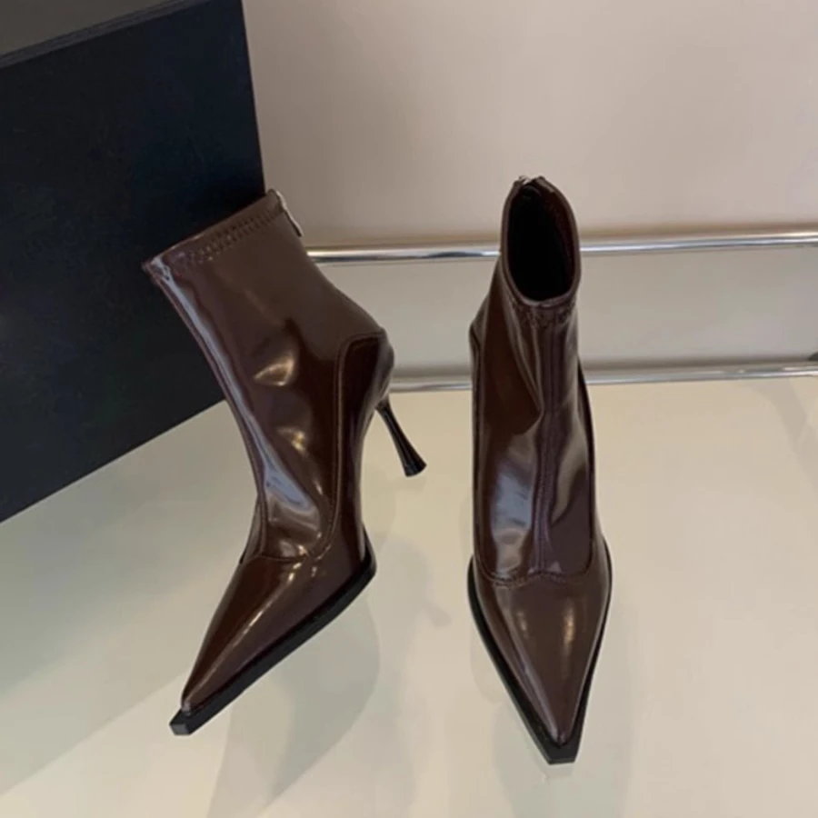 高跟尖头短靴2024年秋冬新款欧美细跟拼接裸靴瘦瘦靴复古棕色短靴